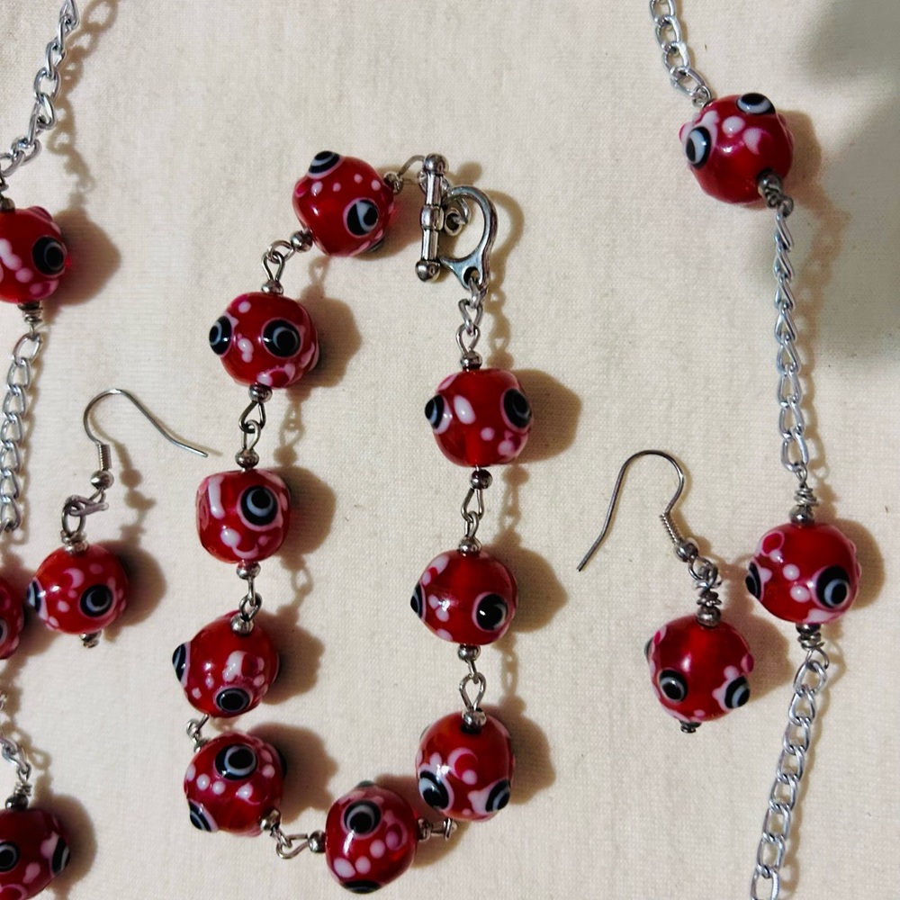 Red Beaded Bracelet with Silver Accents